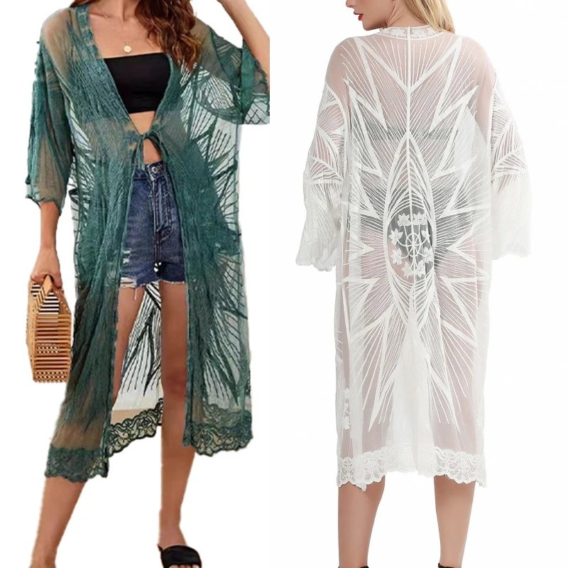 beach maxi dress with sleeves 2022 Women Beach Cover Up Floral Embroidery Swimwear Women Robe Cardigan BathingSuit sheer bathing suit cover up