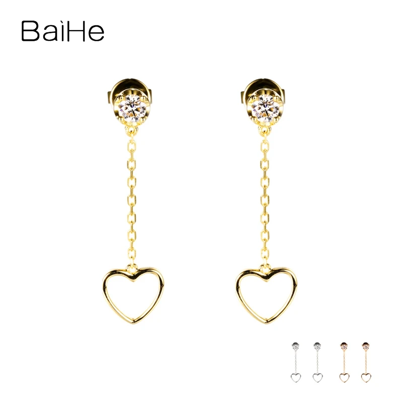 

BAIHE Real Solid 18K Yellow Gold H/SI Natural Diamond Heart long Stud Earrings Wedding Trendy Fine Jewelry Making Serce Kolczyki