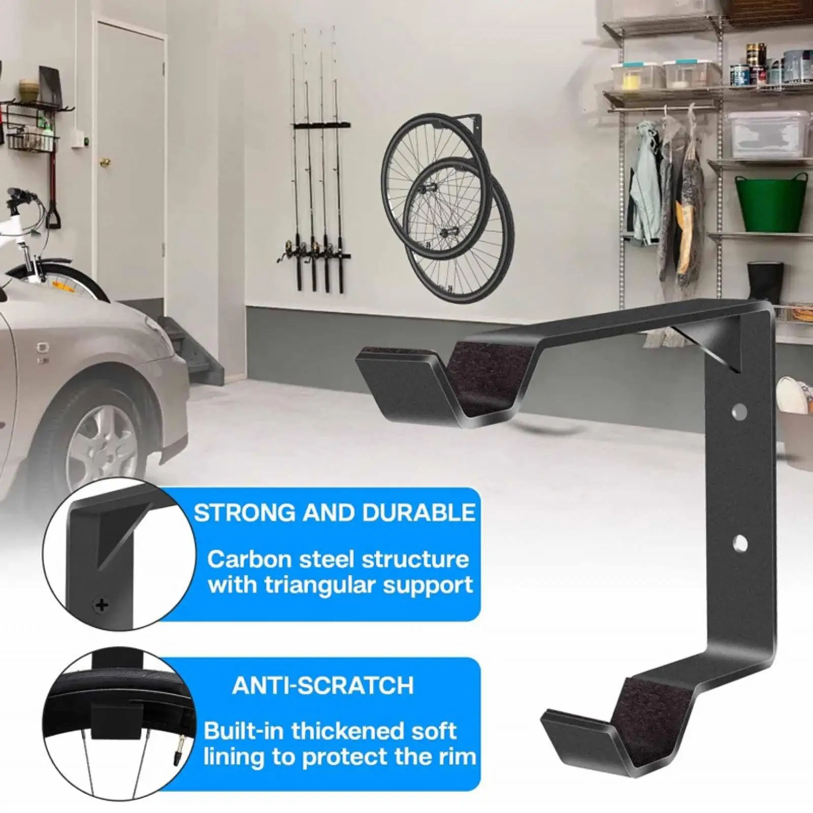 1/2 Stück vertikaler Fahrradhaken mit Reifenablage, robuste Wandhalterung aus Stahl zur Organisation von Ersatzreifen für Zuhause, Garage, Keller – Detail 12