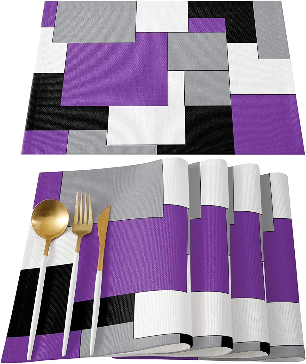 PlacematsforDiningTableSetof46PcsAbstractArtPatchworkPurple