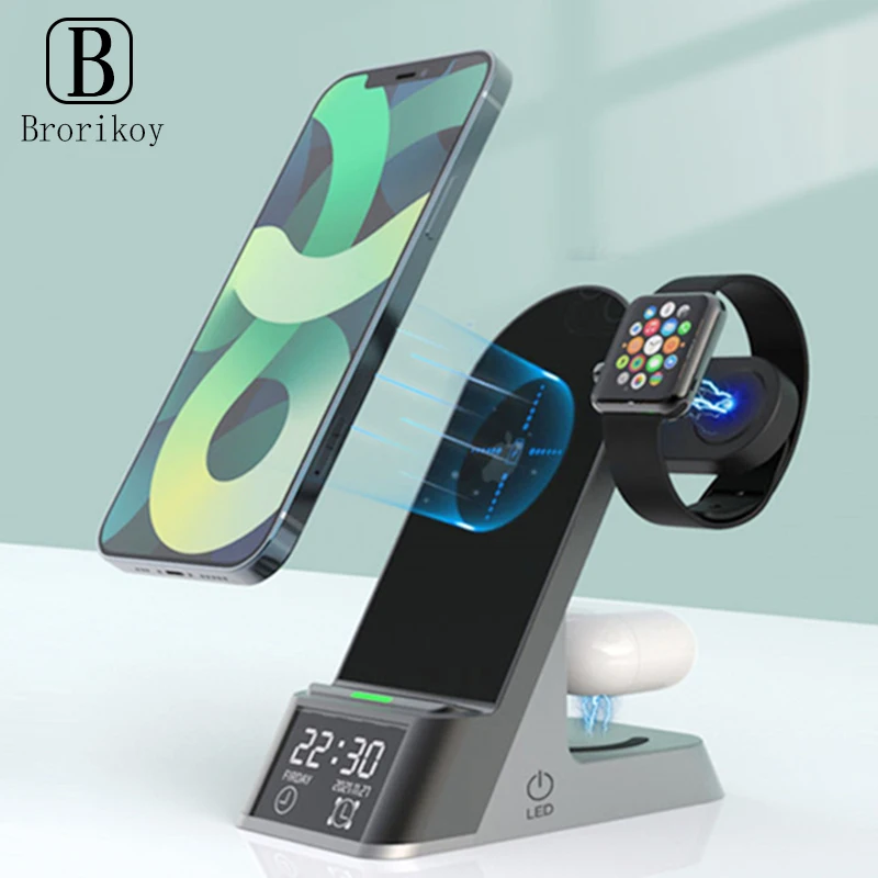 4 In 1 Wireless Chargers Station 15W For Iphone 13 11 12 X For Samsung Apple Iwatch 7 Charge Station For Airpods Pro With Clock
