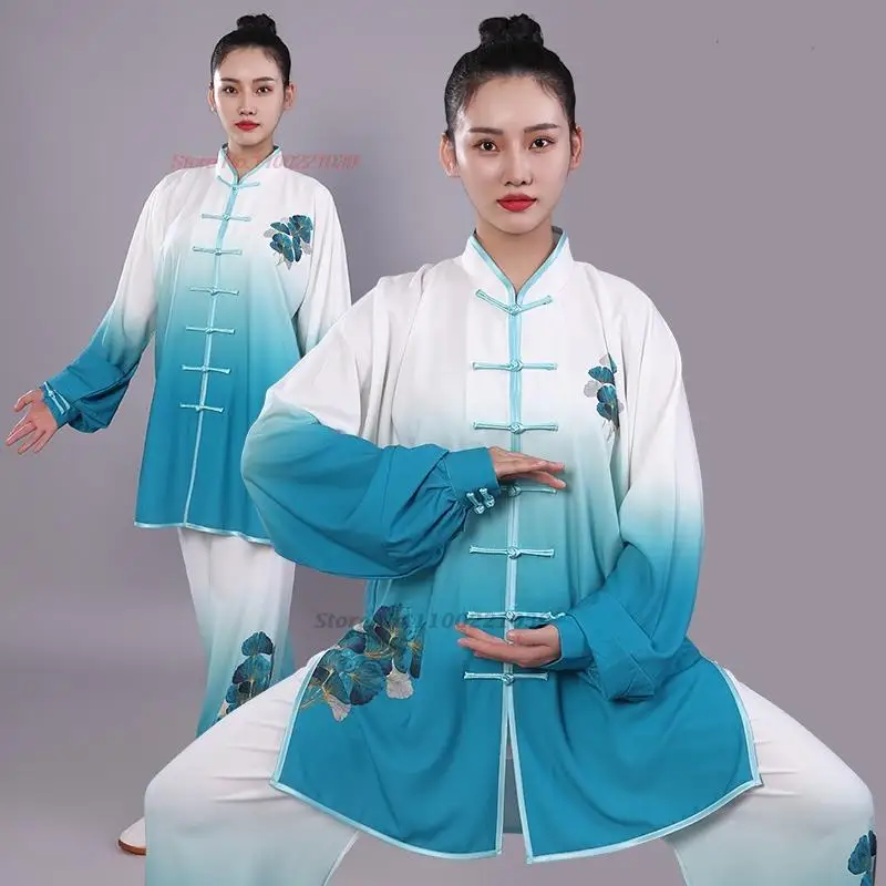 tai chi uniform wushu kung fu set national gradient color flower print taijiquan practice martial arts wing chun tops+pants