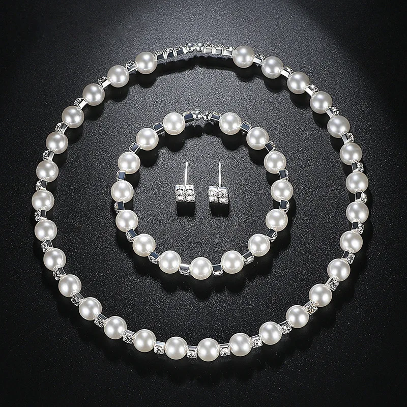 Bridal Wedding Prom Pearl Jewelry Set Women's Fashion Silver Plated Crystal Necklace Earrings Bracelet Jewelry Set Party Gift
