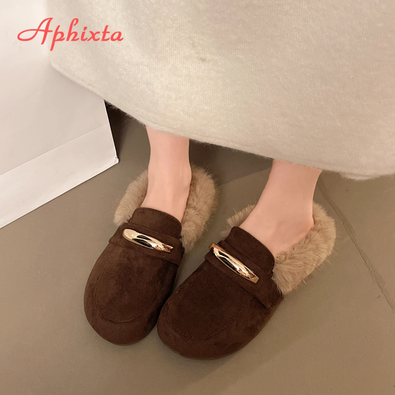 Aphixta 2025 Flat With Warm Slippers Suede Upper Plush Furry Slip on Mules Metal Decoration Concise Outside Slipper Shoes