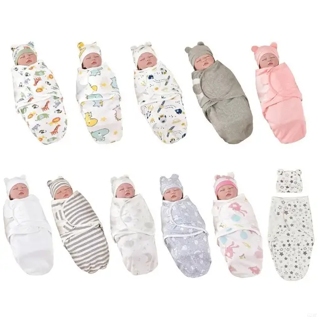 G2AE 2pPcs/lot Spring Summer Baby Wrap Cloth Two-Pieces Set Anti Kick Quilt and Hat 5