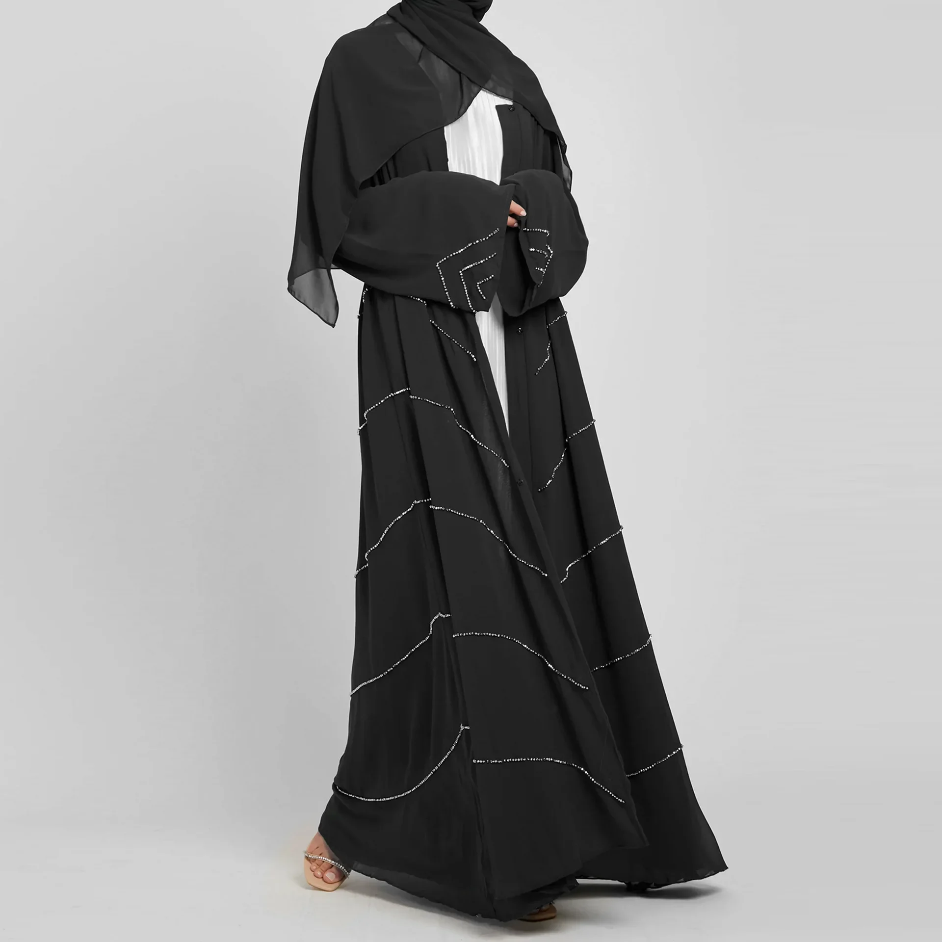 Beads Open Abaya Dubai Luxury Turkey Summer Party Solid Muslim Elegant Hijab Dress Belted Abayas for Women Kimono Islam Kaftan