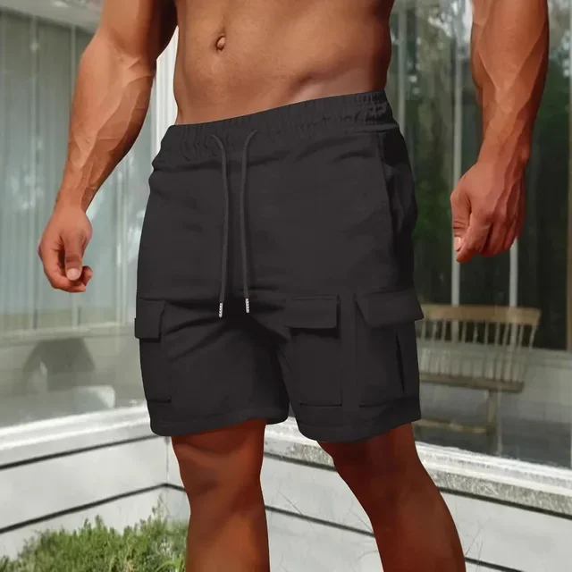 Yaz Yeni Moda erkek İpli Gevşek Düz Renk Diz Boyu Şort Rahat Trendy Çok cepli Elastik Şort Erkek Giysileri