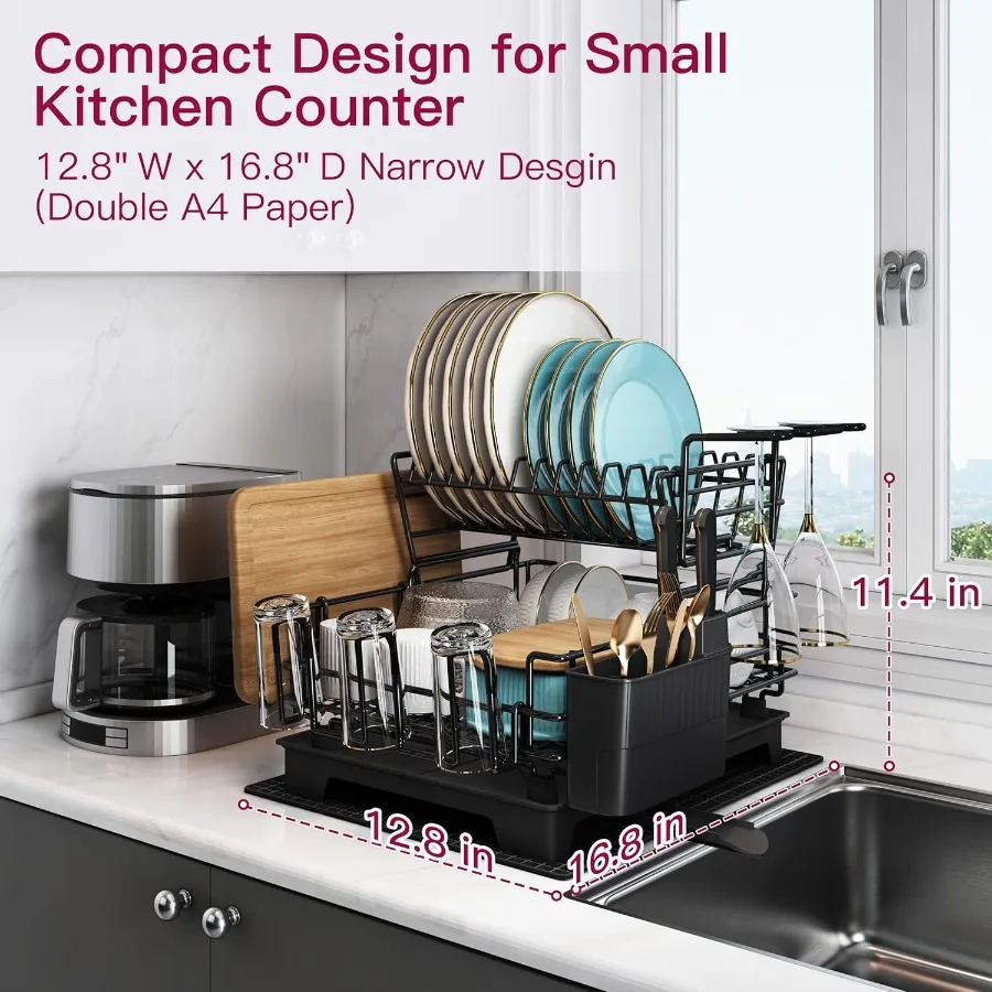 2 Tier Black Large Stainless Steel Dish Drainers Drying Rack for Kitchen Counter with Drainboard Rust Proof Metal Space Saving