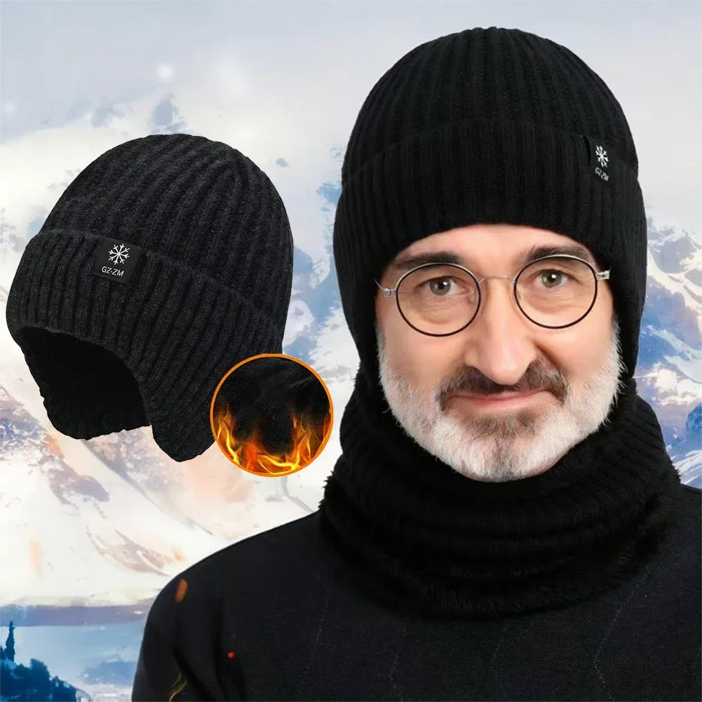 Outdoor Men Winter Knitted Hat Plush Warmth Peaked Cap Earmuff Casual Fashion Faux Fur Lined Bomber Hats Cycling Ear Protection