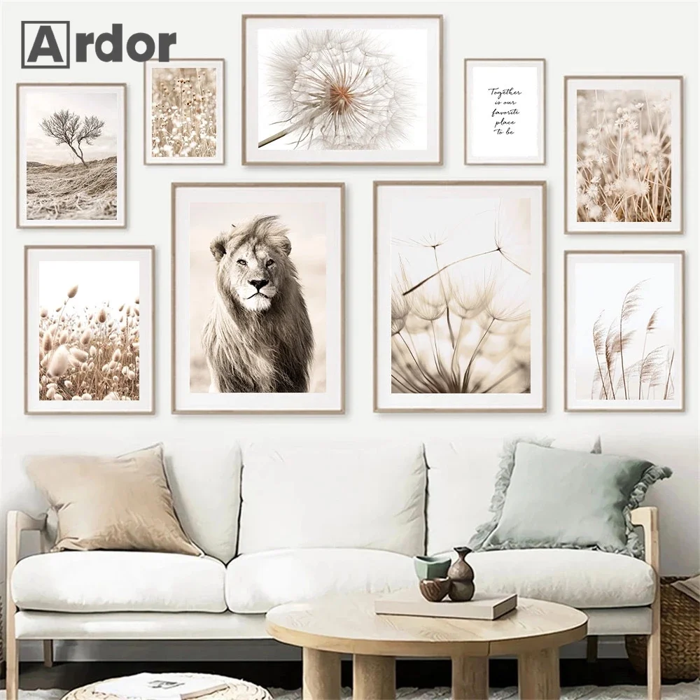 Reed Lion Poster Dry Grass Tree Landscape Wall Art Painting Beige Dandelion Canvas Print Nordic Pictures Living Room Decor | Дом и сад