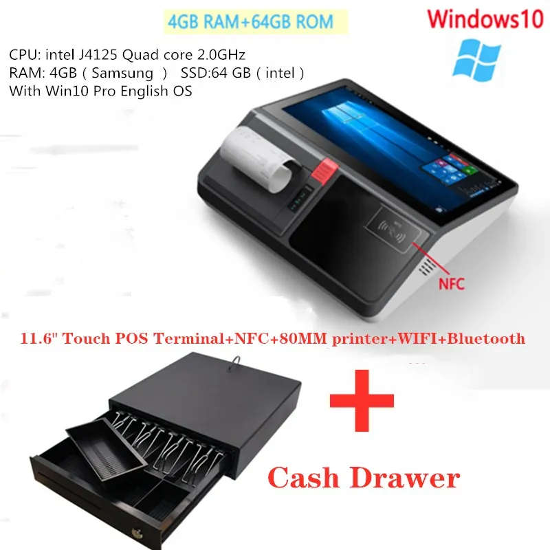 Win10 Pro Pos System Registratore Di Cassa Touch Screen Da 11.6 Pollici Pos Cassiere Stampante Per Ricevute Da 80Mm Nfc Con Cassetto Contanti Wifi + B