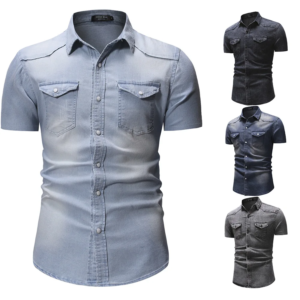 Summer New Simple Men Denim Shirt Casual Business Mens Short Sleeve Shirts Fashion Polo Collar Male Tops denim shirt
