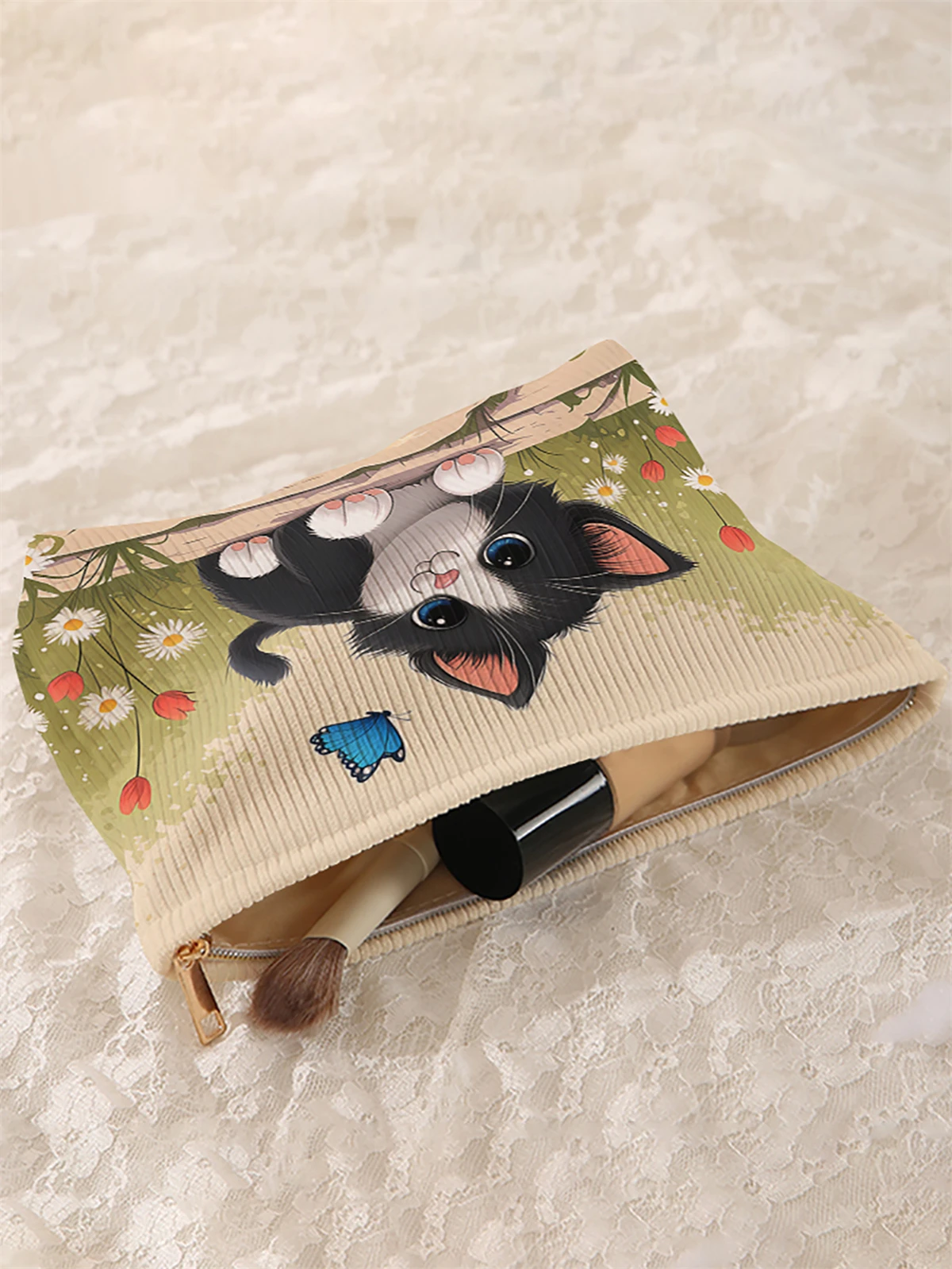 1 cat patterned corduroy makeup bag, lightweight zipper makeup storage box, multifunctional bag with lining