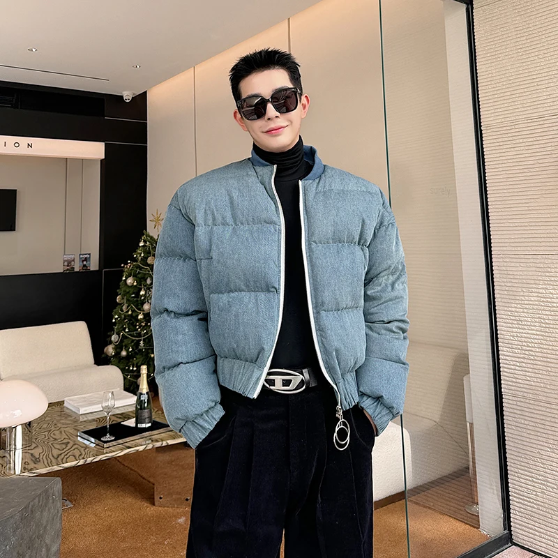 

Джинсовый мужской пуховик SYUHGFA с эффектом потертости, шикарные парки с двойной молнией, корейская мода, искусственные пальто, новинка зимы 2024