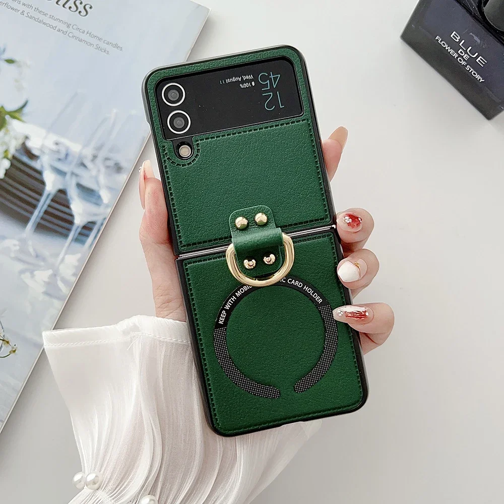 Premium PU Leather Flip Phone Cover with Magsafe-Compatible Ring Holder