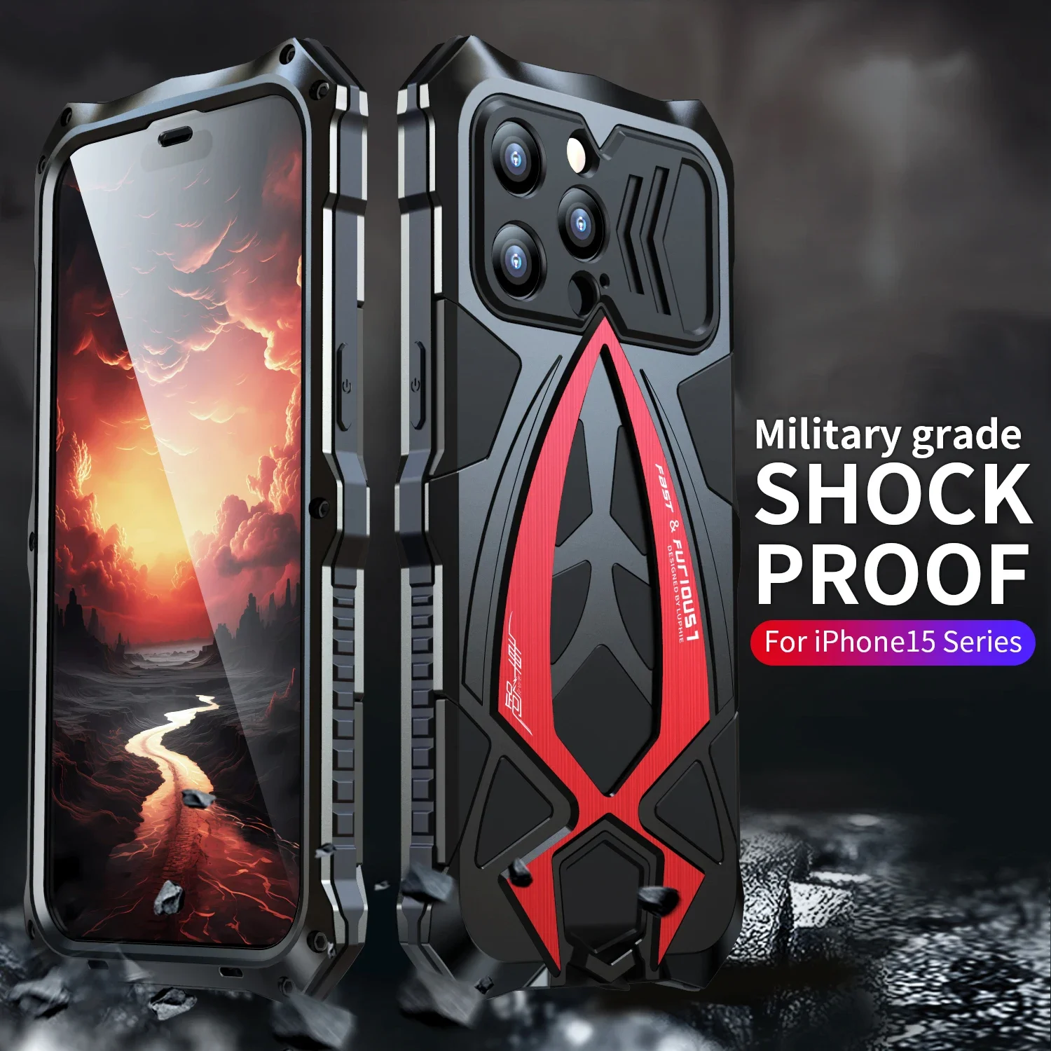 SportsCar 3proof Shockproof Protect Cover Armor, Metal, Aluminum, Silicone, 2 in 1, Case for IPhone 15 Pro Max, 14, 13,15Pro