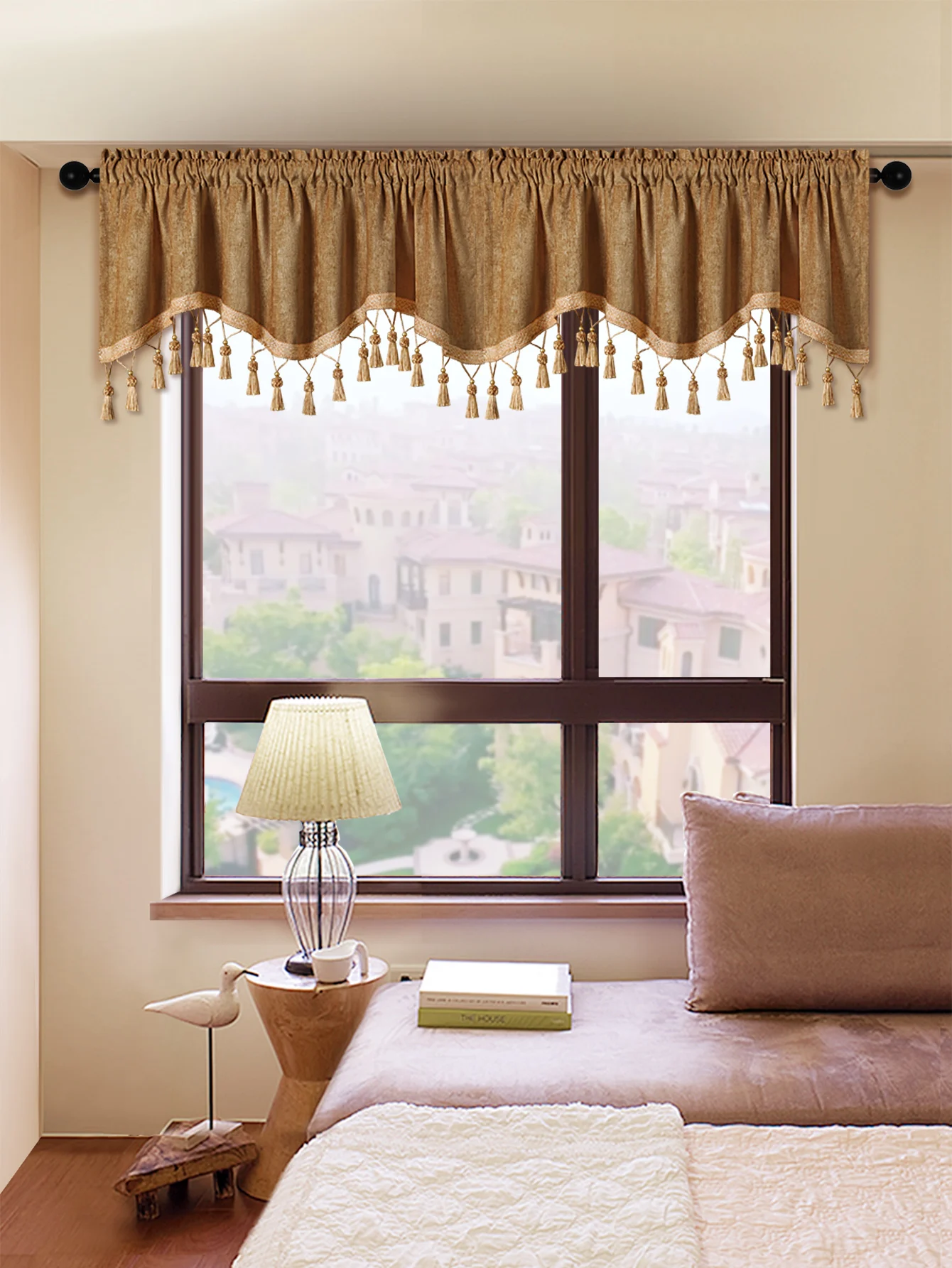 Description Picture 6 of item1PC Simple European Style Window Curtain Valance for Living Room，Rod Pocket，S-shaped  Valance with Tassels for Window Decor