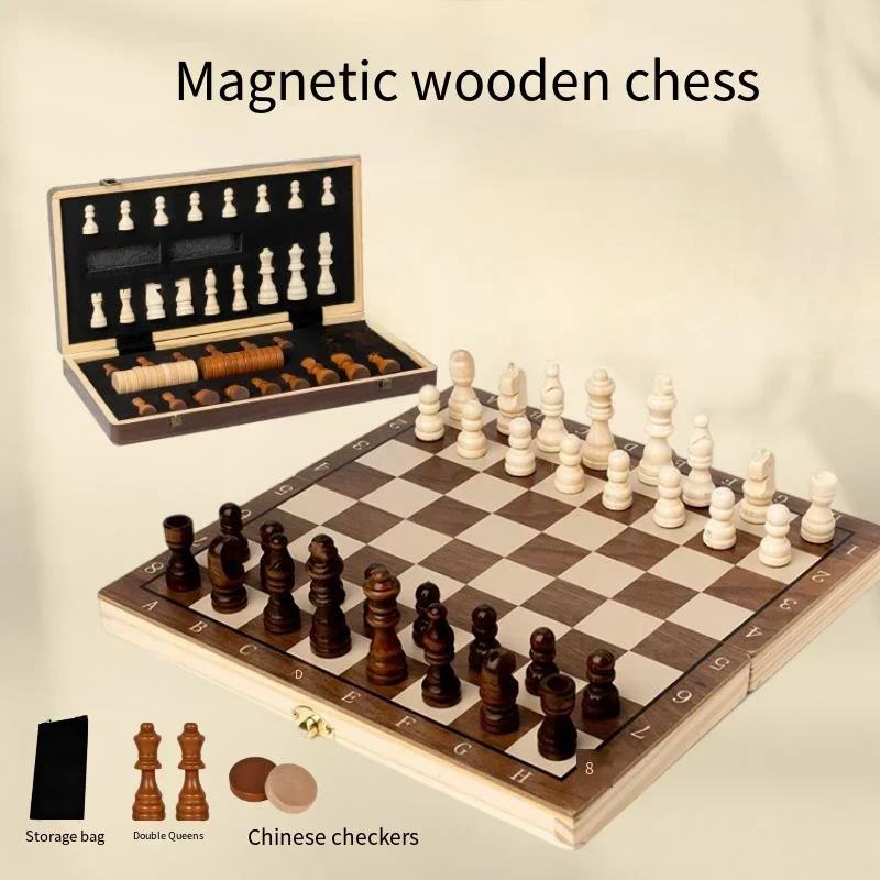 

2 in1 Folding Chess Board Wooden Magnetic Chess Board Checkers Chess Play Adult Children Competitive Educational Toys