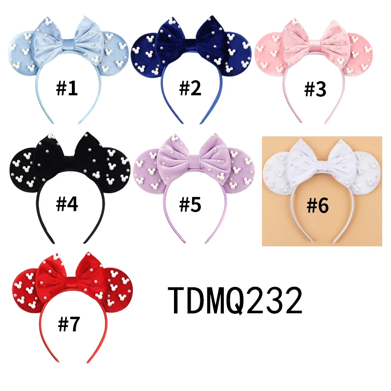 2024 NEW Full Pearls Disney Ears Headband Minnie Mouse Velvet Bow Hairband Girls Hair Accessories Women Party Cosplay Decoration