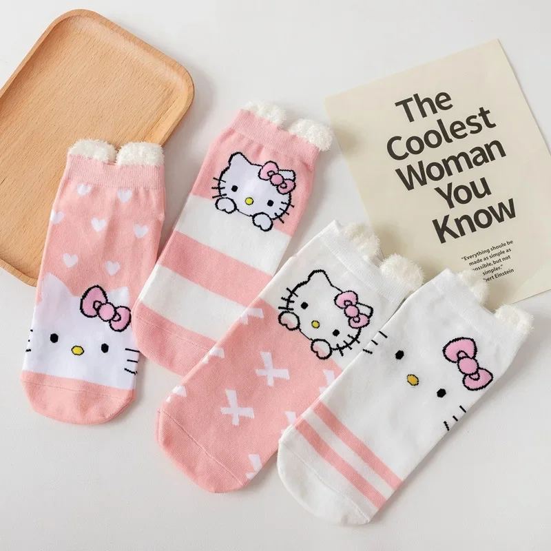 

Cartoon HelloKitty Printed Socks for Girls Pink KT Cat Ears Cotton Sock for Women Boat Sock Cute Cat Shallow Mouth Women's Socks