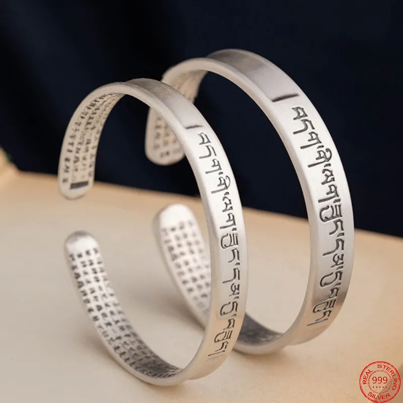 

S999 Sterling Silver Bracelets for Women Men 2022 Christmas New Fashion Six Syllable Mantra Heart Sutra Bangle Argentum Jewelry