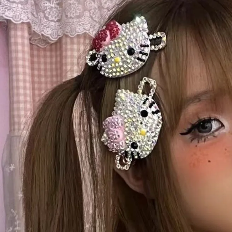 

Hello Kitty Hair Clip With Diamonds Kawaii Sanrio Anime Rhinestone Hairpins Cute Cartoo Y2K Girls Exquisite Sweet And Cool Gifts