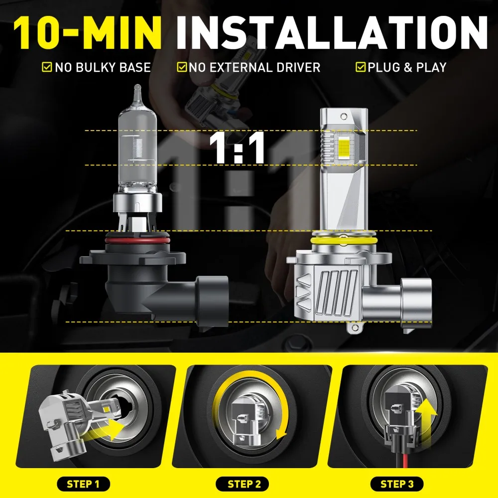 AUXITO 2개입 9006 HB4 9005 HB3 LED 안개등 전구 DRL H11 H8 LED 안개등 헤드라이트 전구 캔버스 1:1 미니 사이즈 화이트 12000LM 자동차 램프