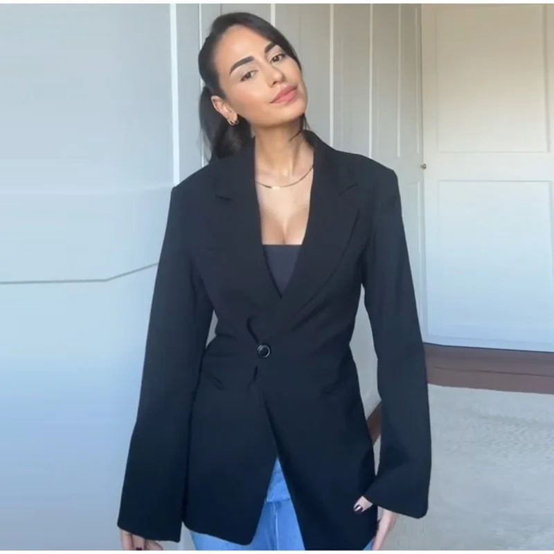 Elegant Metal Button Blazer Suit Women Slim V Neck Long Sleeve Fake Pocket Jacket Autumn Shoulder Pads Office Lady Outwear