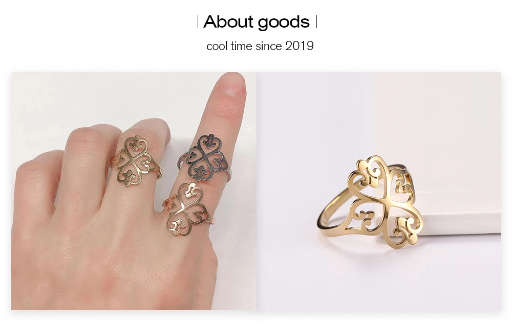 COOLTIME Geometrische filigrane Blumenringe für Frauen, Edelstahl, Vintage-Ring mit vierblättrigem Kleeblatt, Geburtstagsschmuck, Geschenk im Großhandel – Detail 3