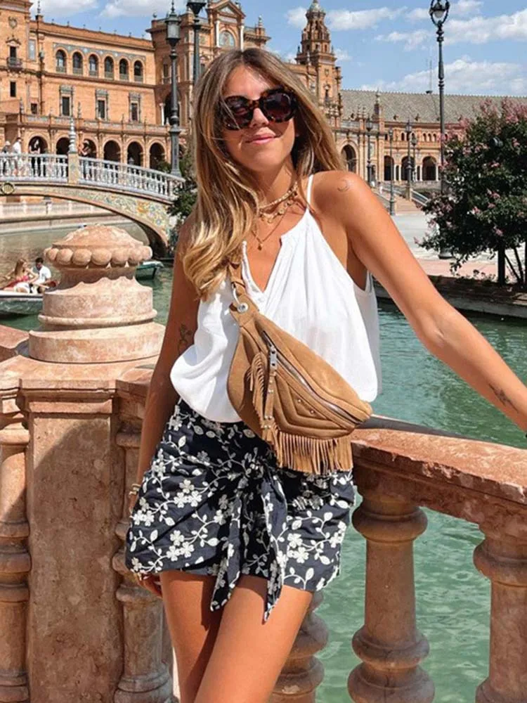 

Jastie Summer Women New Flower Shorts Women 2023 Loose Chic Embroidered Knotted Culottes Fashion Casual Wide Leg Shorts Female
