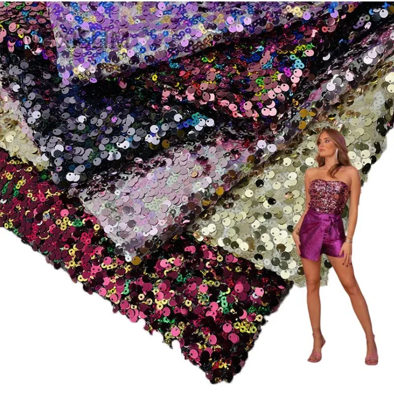DIY Hot Sale Mesh Sequin Fabrics Colorful 5MM+6MM Sequin Embroidery Fabrics For Wedding Dress Skirt Bag Wide:125CM цена и фото