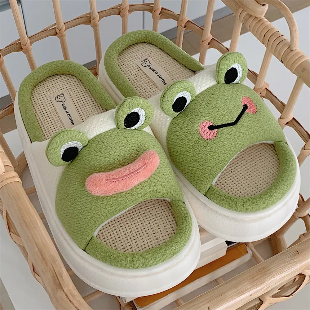 

Women Slippers Fun Frog Shape Design Hemp Platform Home Cotton Flax Ladies Casual Shoes Non-slip Bedroom Woman Slides Shoes
