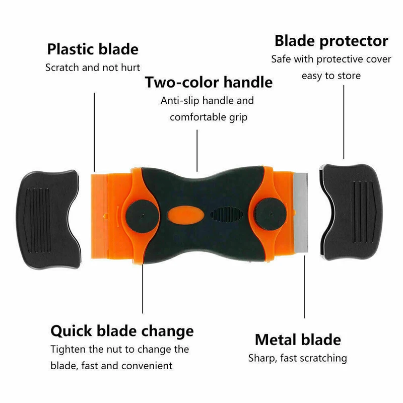 Scraper Tool Double-Sided Scraper Plastic Handle Blade Metal Combination Multifunctional Razor Scraper for Car Window Blade Knife Cleaner