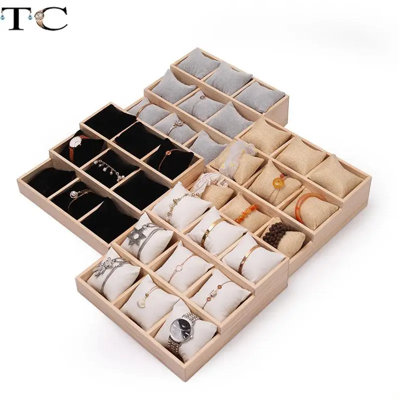 Solid Wood Three-Tiered Tray Bracelet Watch Necklace Pearl Bracelet Pillow Tray Jewelry Storage Rack
