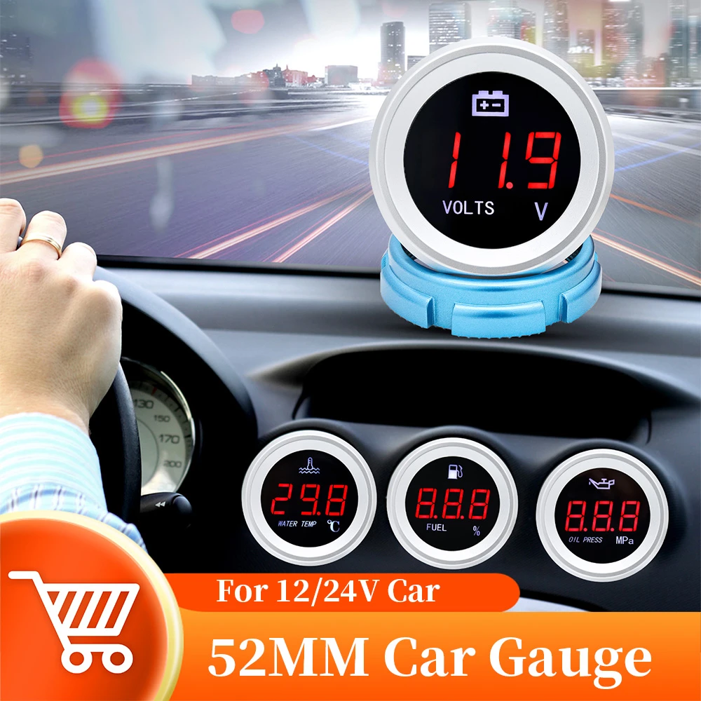 12/24V 52MM Digital Water Temp Gauge With Sensor 0 190ohm Fuel Level Meter Oil Press With Alarm