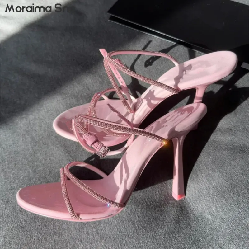 

New Rhinestone Cross Strap Sandals Large Size Round Head High Heel Stiletto Sandals Sexy Fashion Catwalk Women Sandals
