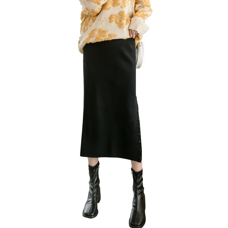 Fashionable Knitted Maternity Skirt Half-length Maternity Dress with Belly Support Winter Autumn Season Open Split Design