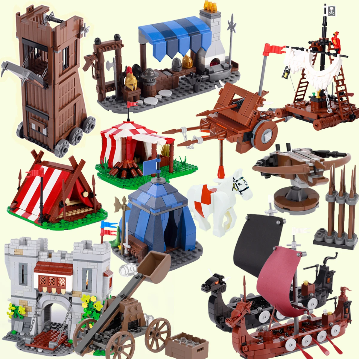 medieval military building blocks MOC Medieval Military Building Blocks Soldiers Figure Accessories Bonfire Tent Transport Carriage War Horse Weapon Bricks Toy