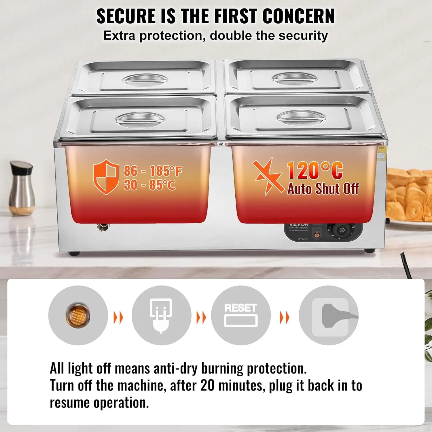 110V 4-Pan Food Warmer, 1200W Electric Steam Table 15cm/6inch Deep, Professional Stainless Steel Buffet Bain Marie 48 Quart 4