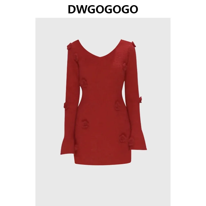 

Long Sleeve Hot Girl V-neck Knitted Dress Women Fashion Three-dimensional Decoration Flower Slim Sweater Dress