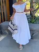 Women's Casual two-piece Summer Solid Off Shoulder Crop Top and Long SkirtSet -Stylish  Elegant Vestidos