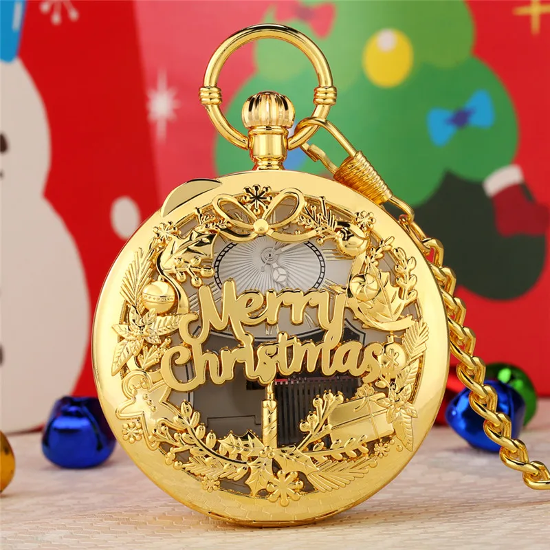 Kreative Frohe Weihnachten Musical Uhr Männer Frauen Quarz Analog Taschenuhren mit Song Fob Anhänger Kette Zeitmesser Weihnachten Geschenk – Detail 5
