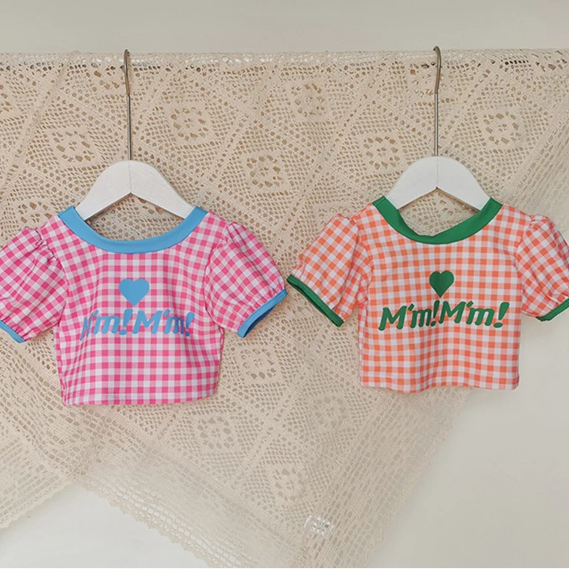 Children's Swimwear for Girls Plaids Checkered Bathing Suit for Girl Short Sleeve Toddler Baby Tankini Bikini Set Beach Clothes - 4