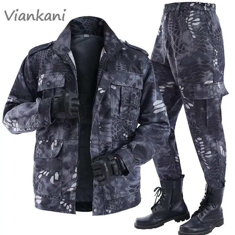 Military Uniform Men's Soft Tracksuit Outdoor Camouflage Suit Black Python Pattern Wear-resistant Overalls Autumn Casual Sets men s spring summer military uniform outdoor camouflage suit   python pattern wear resistant overalls labor insurance cloth