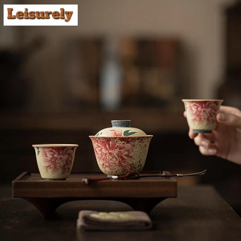 120ml Blue And White Flint Red Peony Gaiwan Elegant Tea Tureen Tea Bowl With Lid Kit Tea Maker Cover Bowl Kung Fu Tea Set Craft