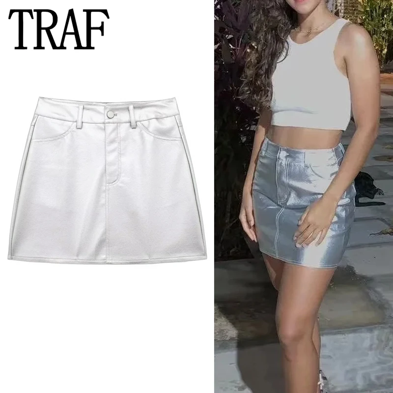 

TRAF 2023 Silver Mini Skirt Women Summer High Waist Short Skirt Woman Fashion Sexy Skirts For Women Streetwear Y2k Skirts