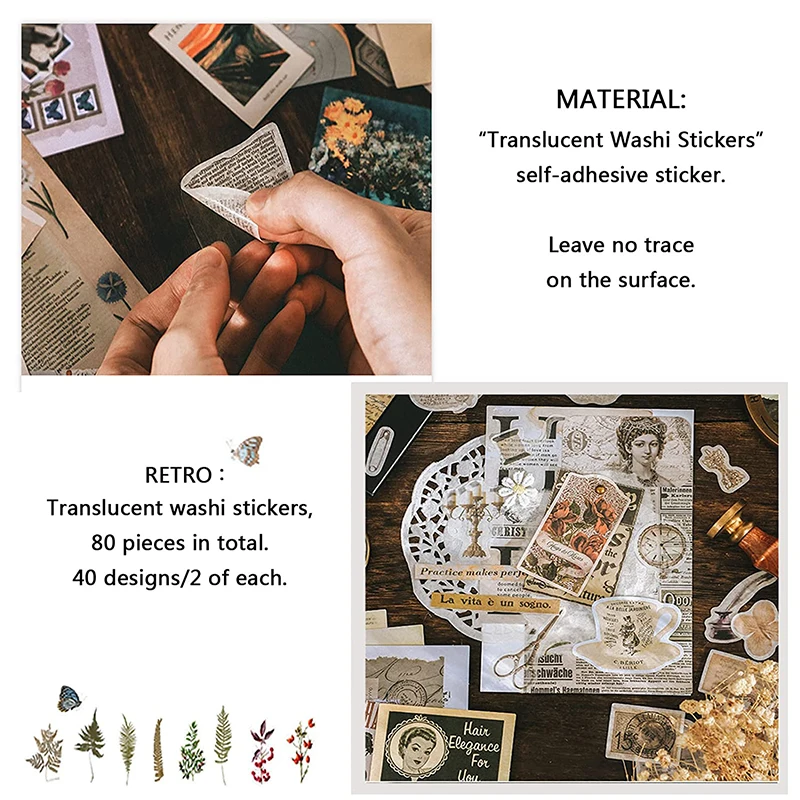 200Pcs Vintage Scrapbook Papers Supplies Pack DIY Paper Material Retro Washi Stickers for Art Craft Notebook Album Diary Envelop