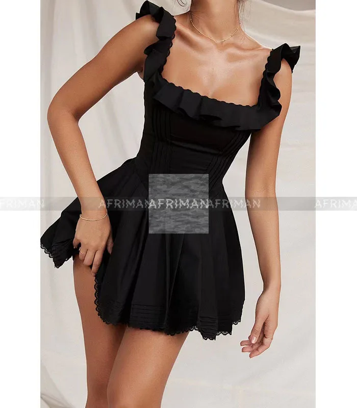 

2023 Summer New Square Collar Ruffles Strap Spicy Girl Waist Ball Gown Mini Dress