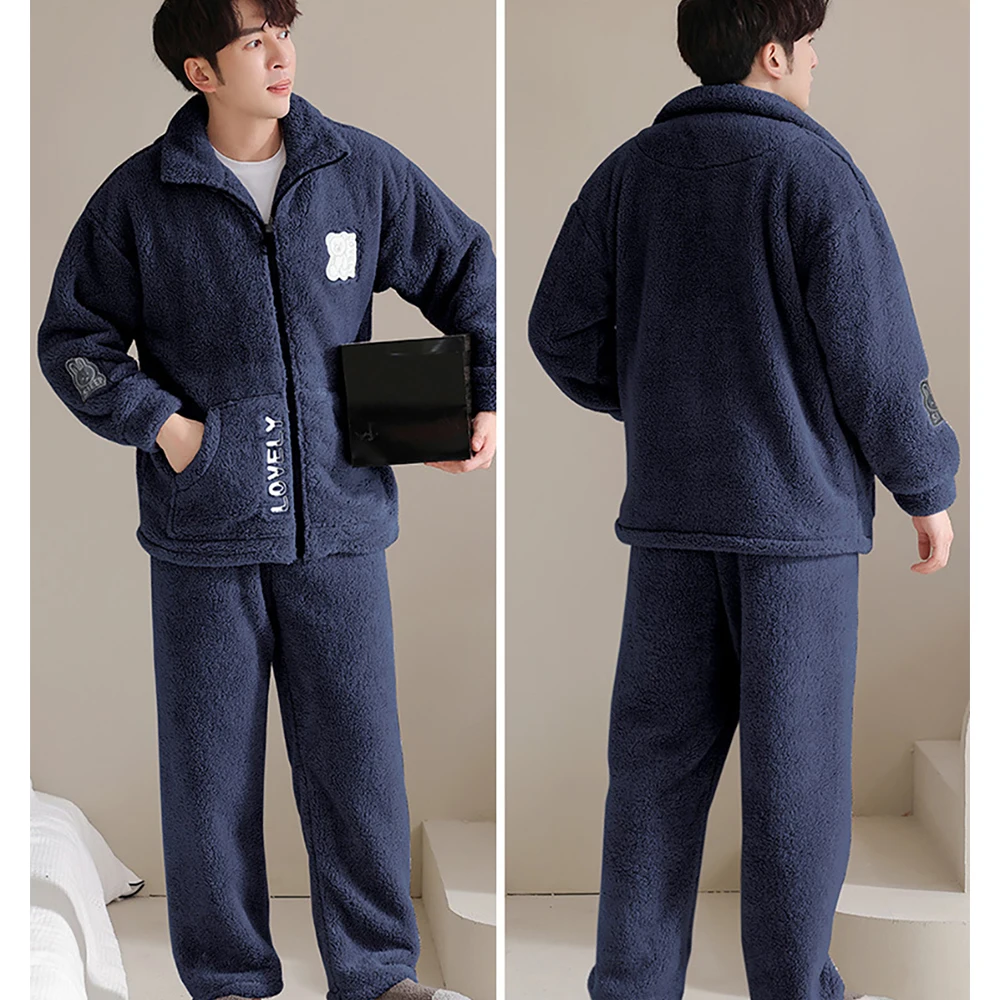 Men's Winter Coral Fleece Thicken Pajamas Warm Zipper Turtleneck Sleepwear Comfortable Loose Soft Pijama Hombre for Sleeping