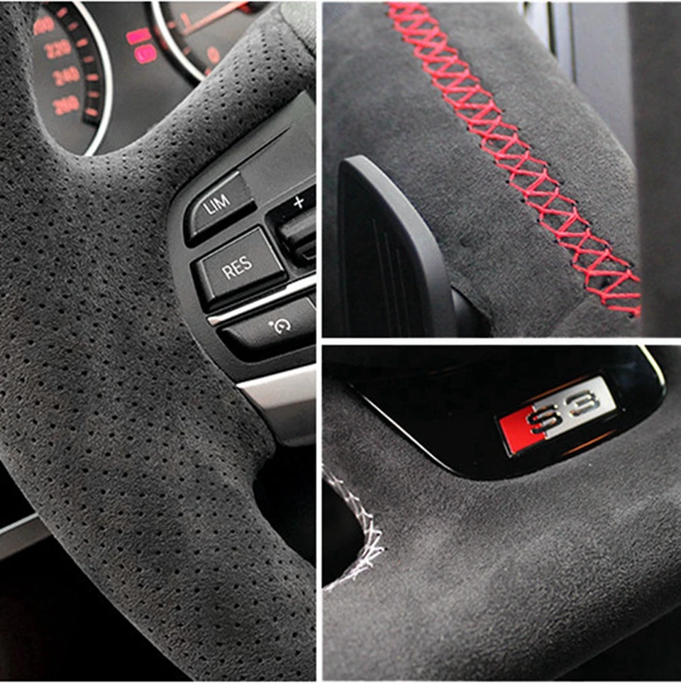 DIY Auto Lenkrad Abdeckung Wrap Rutschfeste Echtes Leder Wildleder Leder Geflecht Für Tesla Modell 3 2015-2021 Modell Y 2019-2021 – Detail 1